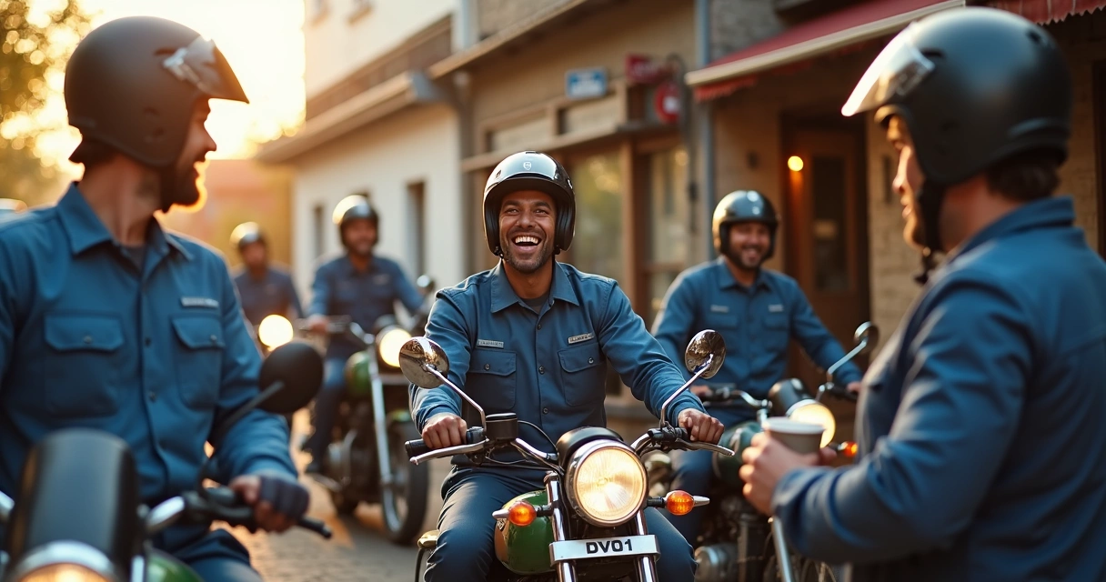 Grupo de entregadores sorrindo em confraternização 