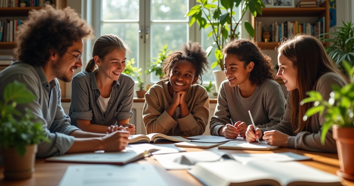 Grupo diverso de estudantes discutindo biologia em mesa com livros, laptops e plantas 