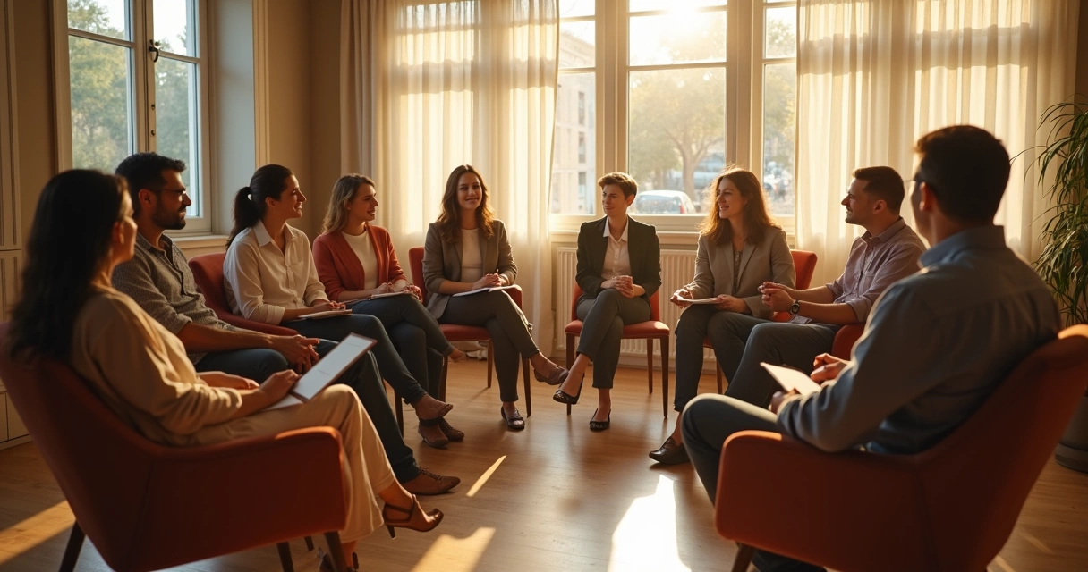 Grupo de pessoas sentadas em círculo em uma sala iluminada pelo sol