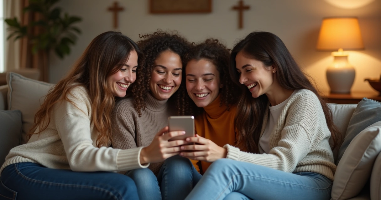Grupo de mulheres sorrindo reunidas olhando para celular, celebrando juntas