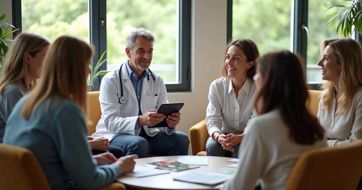 Grupo de pacientes recebendo apoio e orientação sobre tratamento natural 