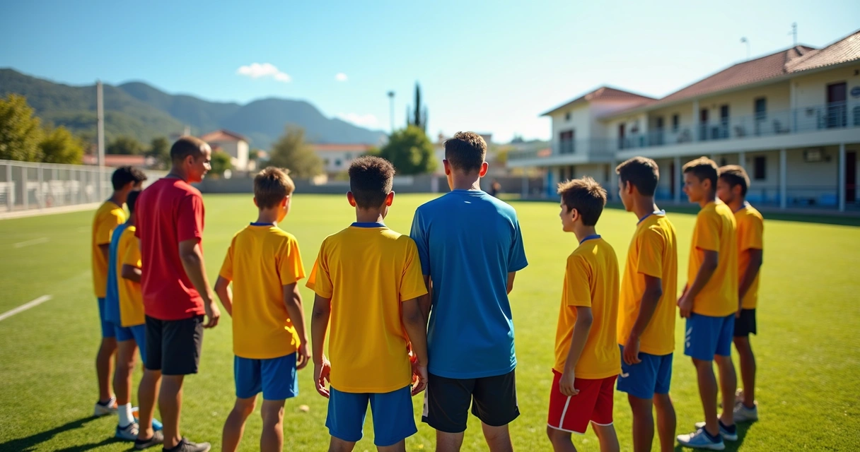 Crianças, treinador e pais em futebol de base, com escola ao fundo 