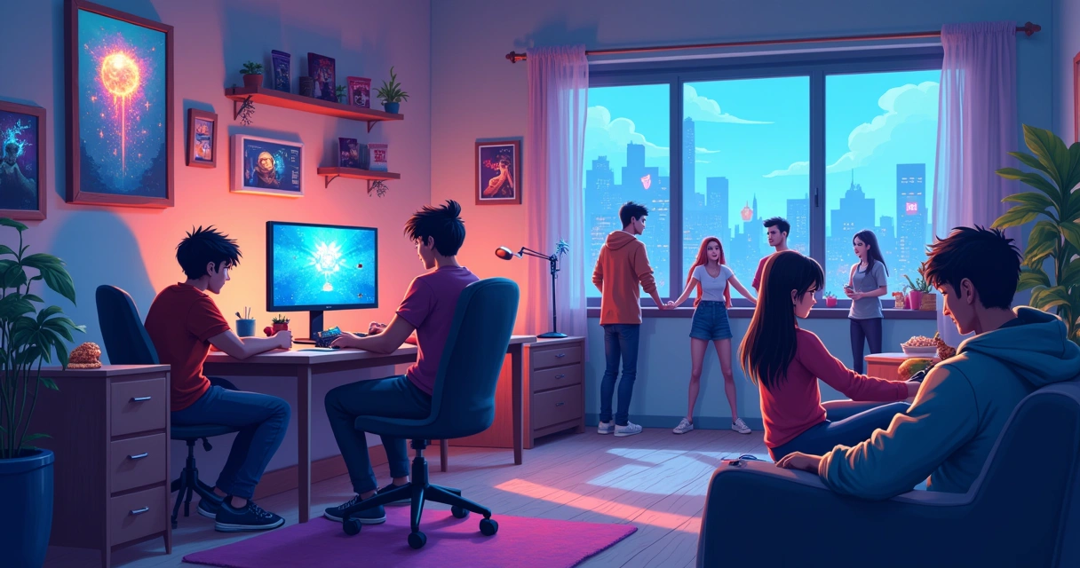 Grupo diversificado de gamers colaborando em um ambiente acolhedor com luzes coloridas e várias atividades.