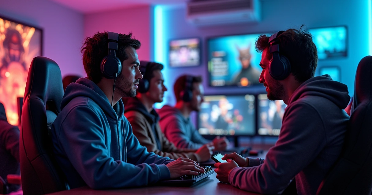 Grupo de gamers usando canais de chat em sala de jogos online 