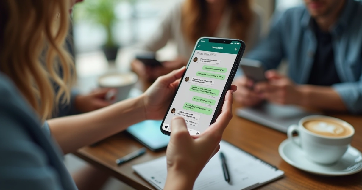 Grupo de gestores conversando sobre gestão de salão em celular com WhatsApp aberto 