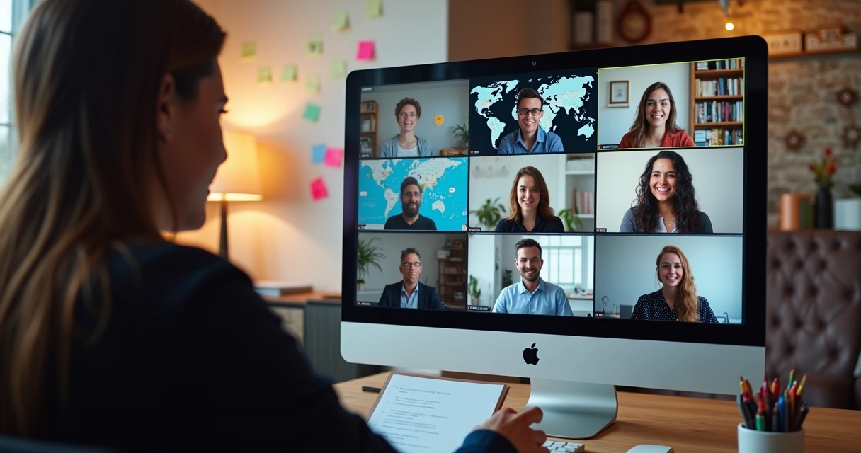 Diversas pessoas conectadas em videoconferência global sobre OKR. 