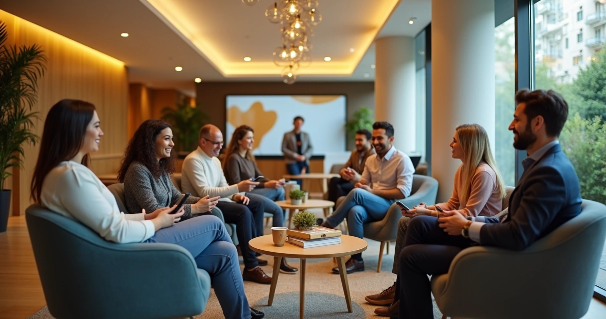 Grupo de hóspedes interagindo em área comum moderna de hotel 