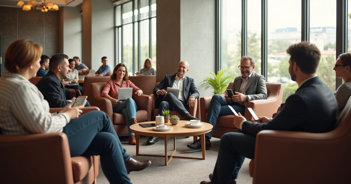 Grupo de hóspedes sentados em lounge de hotel interagindo juntos 