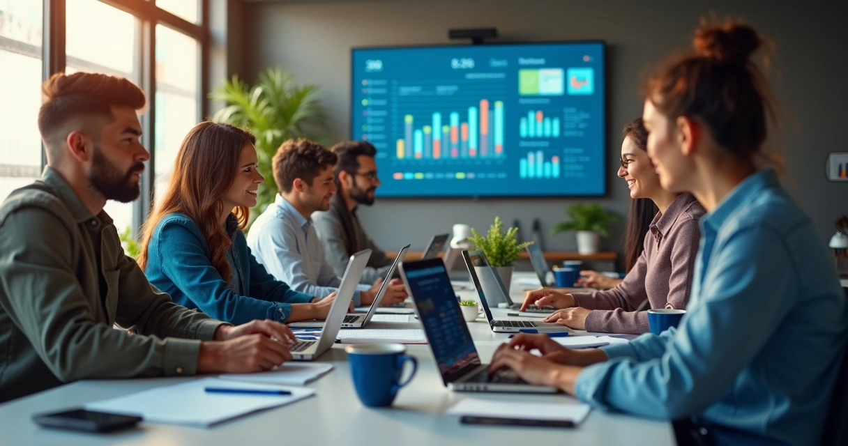 Profissionais reunidos usando IA em marketing 