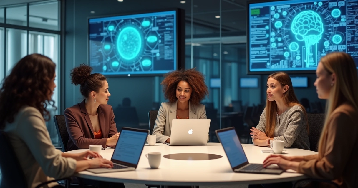 Grupo de mulheres debatendo sobre tecnologia em ambiente moderno 