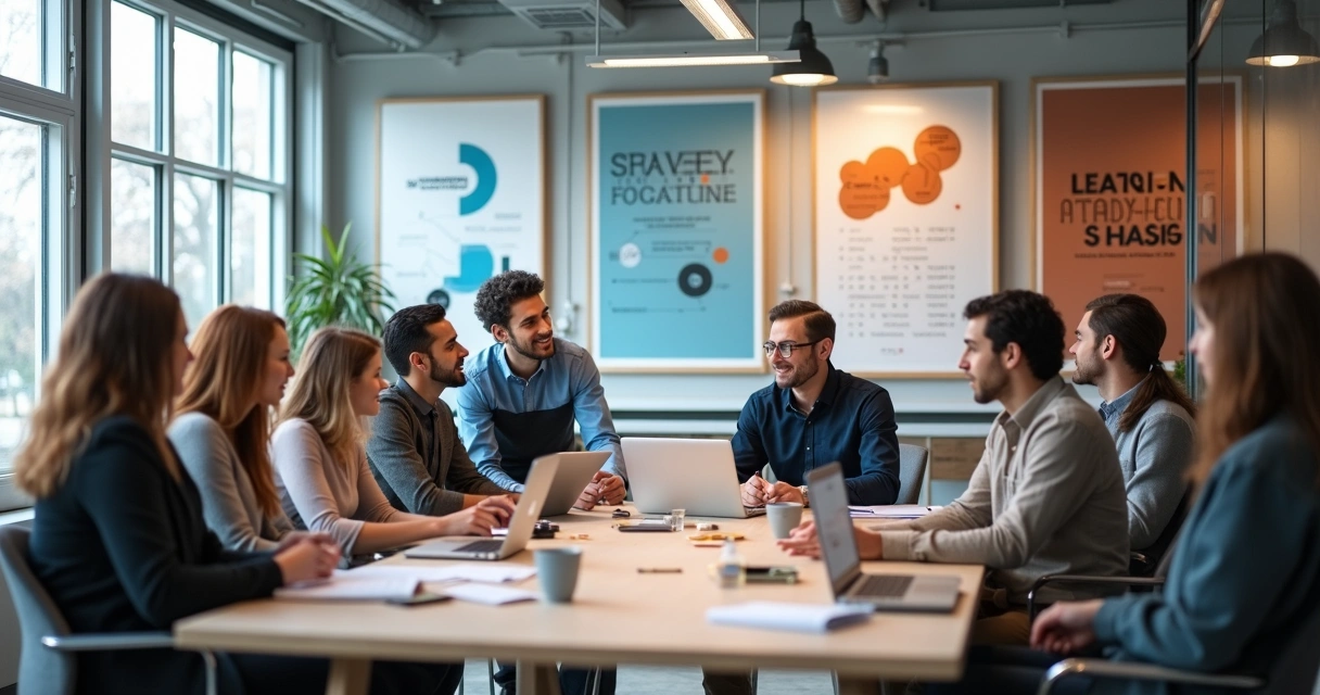 Grupo de profissionais trocando ideias em ambiente informal de aprendizado 