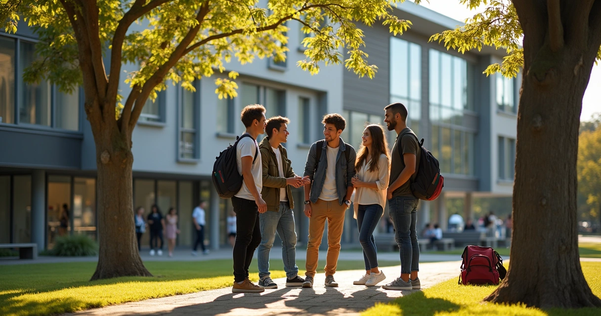 Grupo de estudantes de diversas nacionalidades reunidos em campus universitário na Nova Zelândia