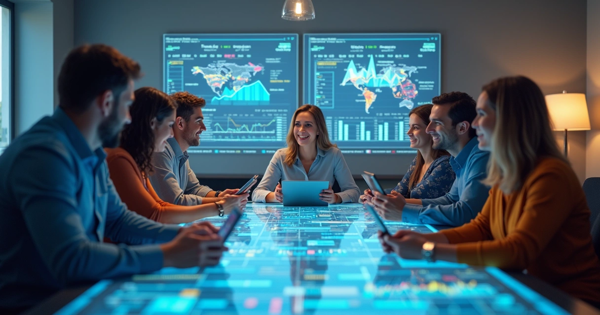 Grupo de pessoas discutindo investimentos em ambiente colaborativo digital 