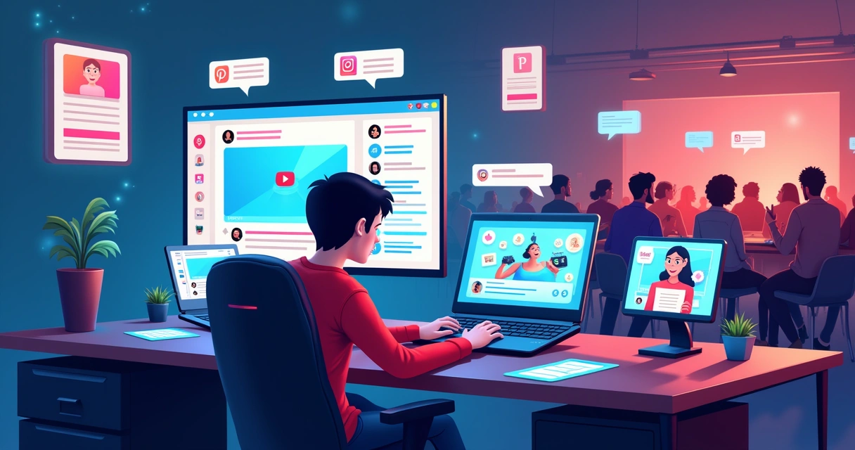 Ilustração de personagens em um ambiente de jogos, interagindo em redes sociais e eventos de jogos.