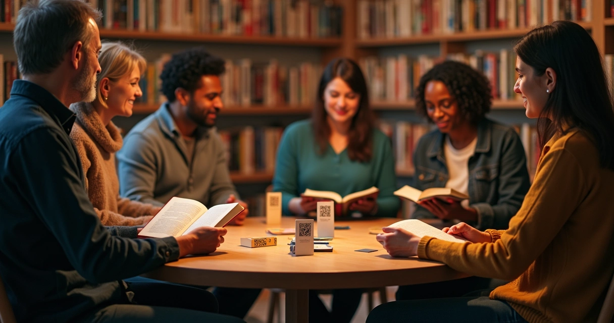 Reunião de grupo de leitura com livros em círculo e QR code visível em panfleto 