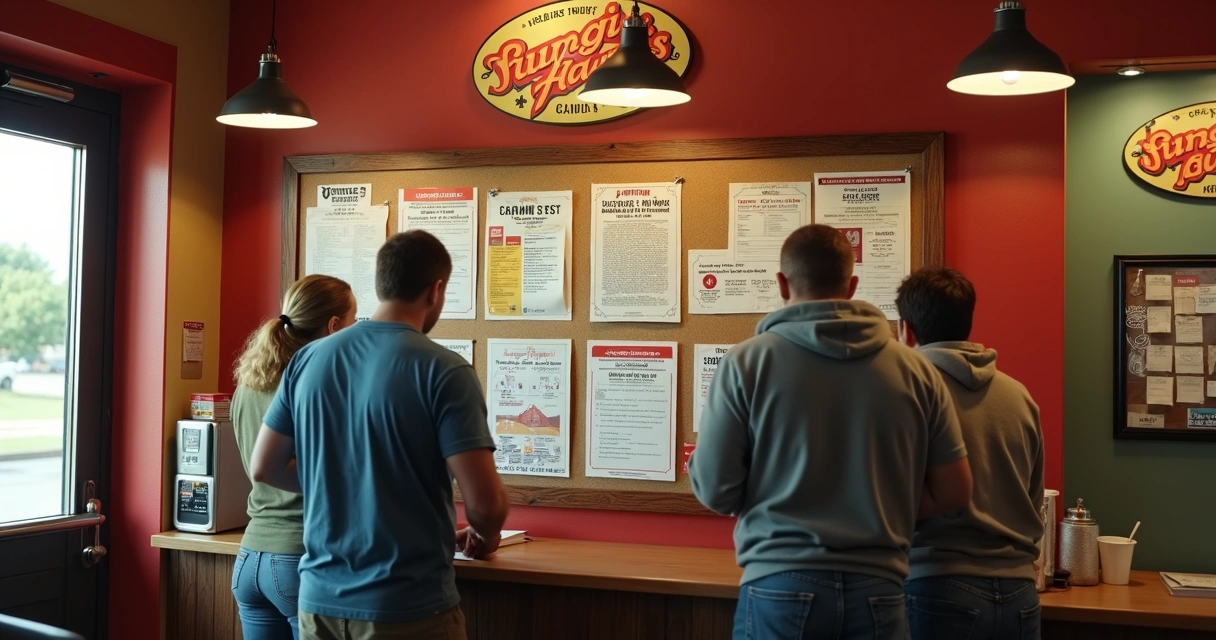 Quadro de avisos físico em pizzaria, comunidade local de Fort Worth 