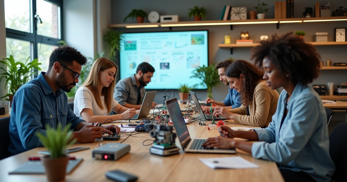 Grupo de pessoas trabalhando em projetos tecnológicos colaborativos em ambiente maker moderno e iluminado 