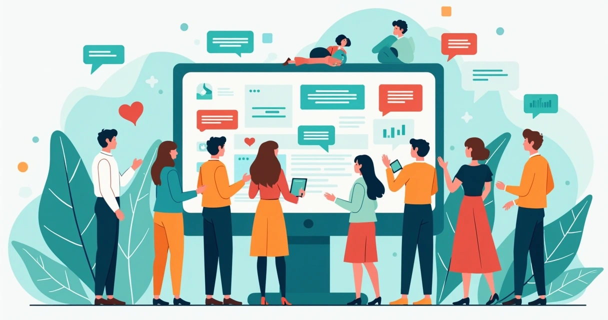 Ilustração flat corporativa de pessoas conectadas em rede, interagindo em uma comunidade online de marca, com ícones de mensagens, corações e gráficos de crescimento ao redor 