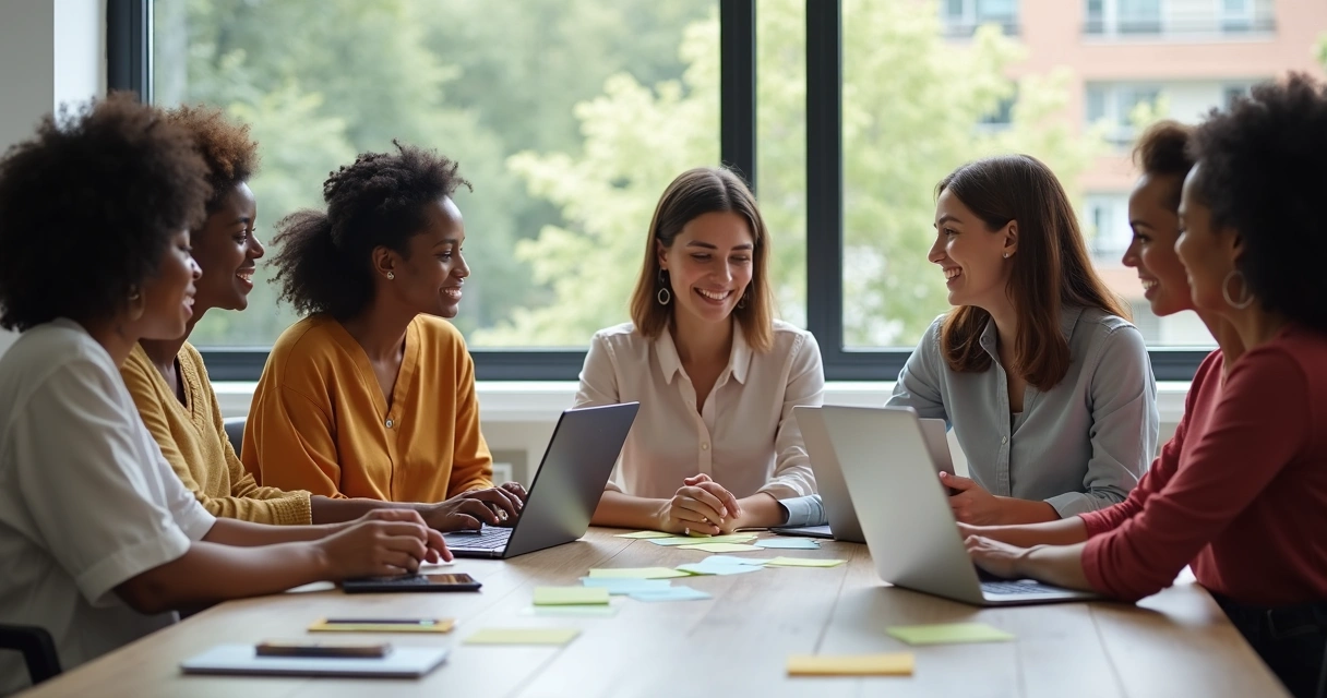 Mulheres trabalhando e trocando ideias sobre IA em grupo de marketing digital