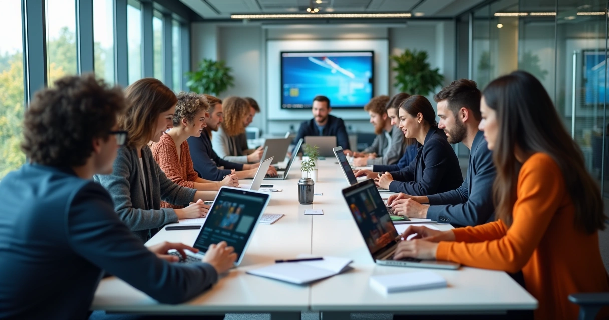 Grupo de pessoas conectadas em laptops e tablets em ambiente colaborativo 