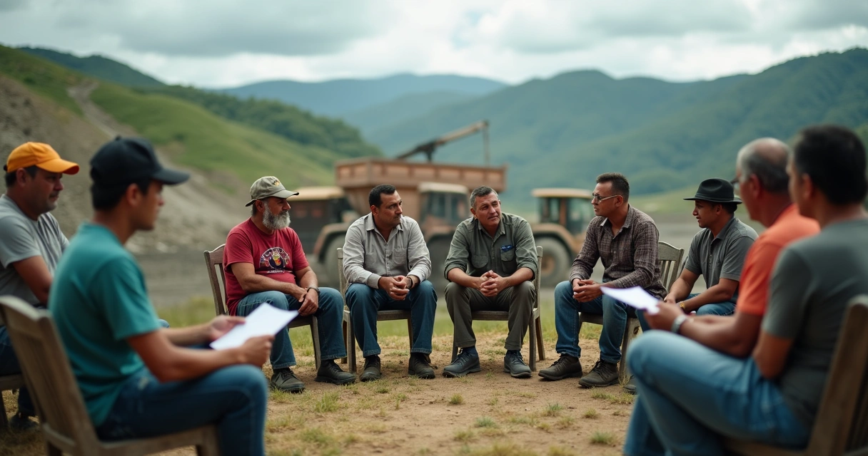 Comunidade local próxima à mineração discutindo impactos sociais 