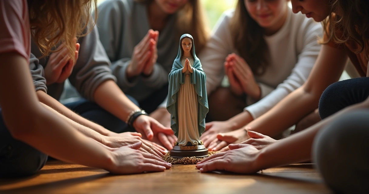 Grupo de pessoas reunidas em oração ao redor de imagem de Maria 