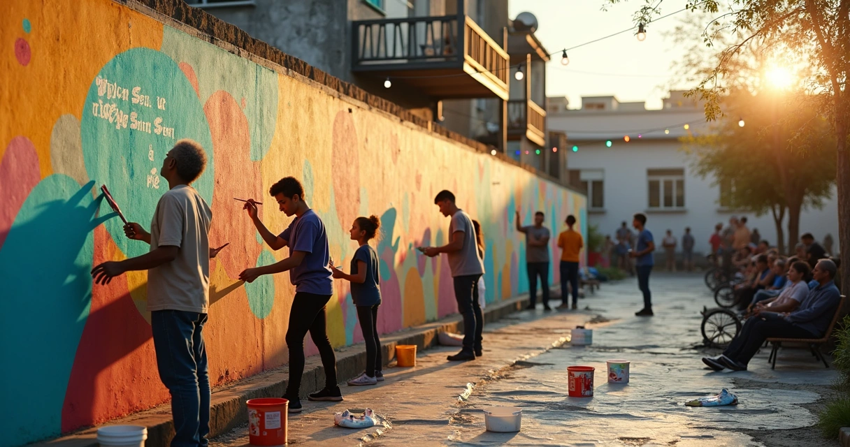 Moradores de bairro pintando juntos um grande mural colorido em uma praça urbana 