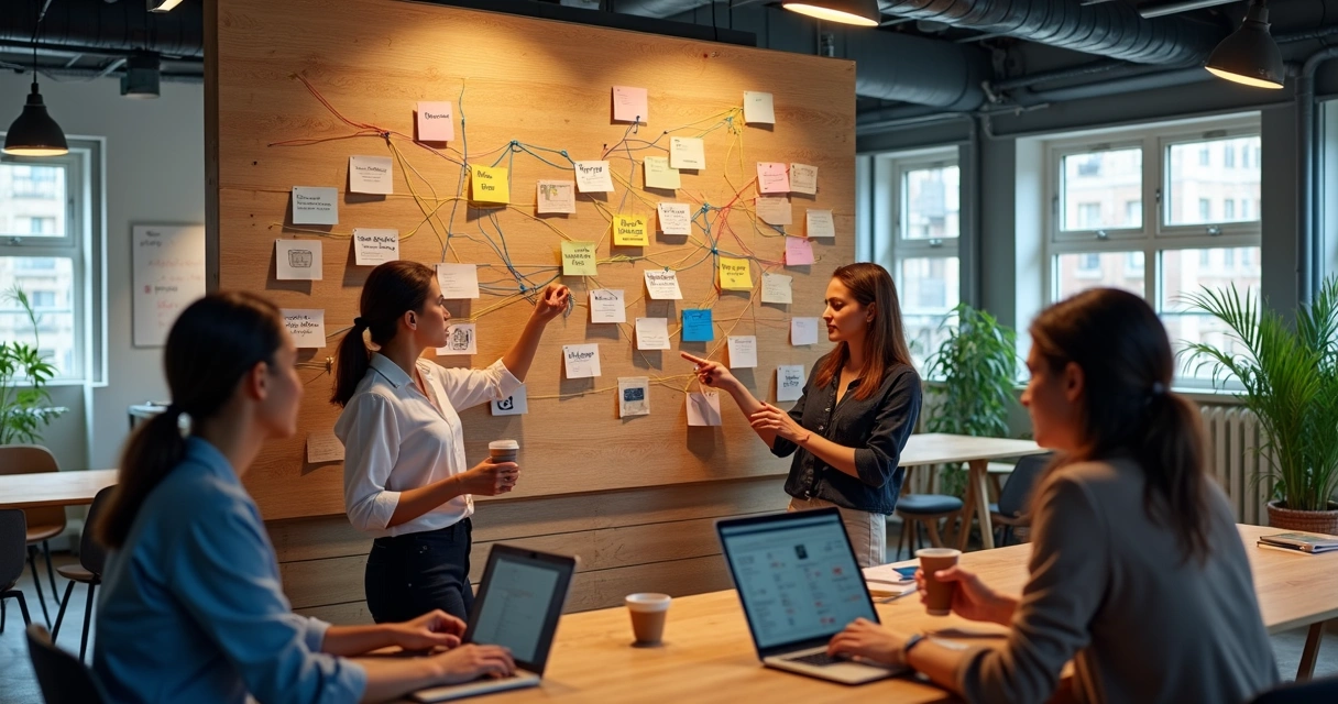 Profissionais trocando ideias em mural de conexões dentro de coworking 