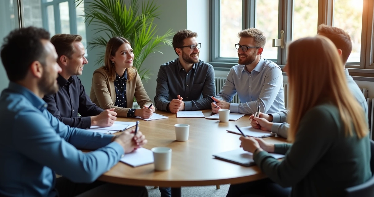 Grupo de vendedores em roda de conversa interagindo em evento de networking 