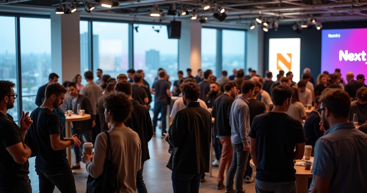 Desenvolvedores conversando em evento Next.js com logotipos e banners 