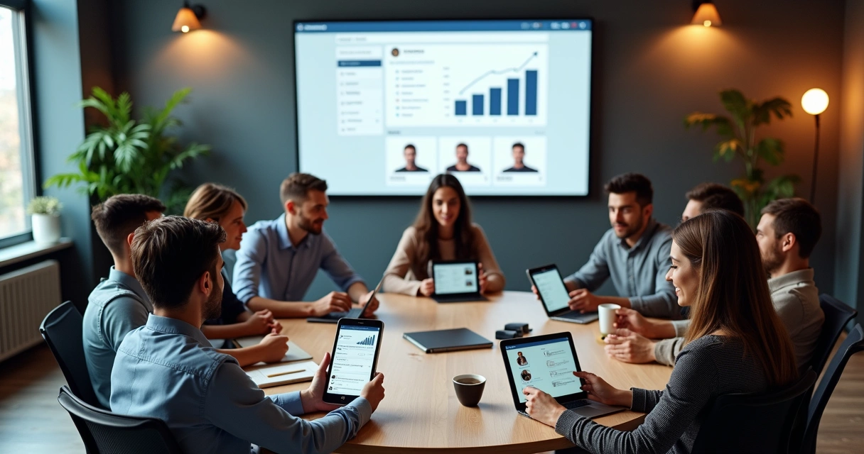 Grupo de pessoas em reunião discutindo marketing digital em rede social de nicho 