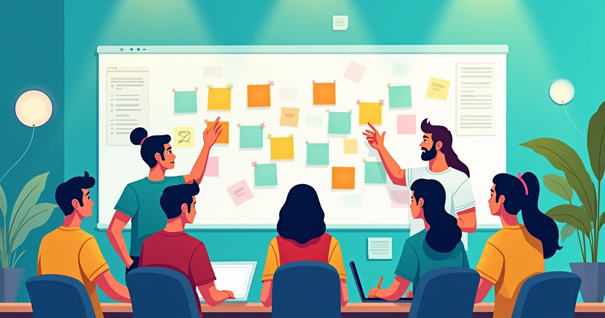 Grupo diversificado interagindo numa comunidade Notion no Brasil, com estudantes, empresários e designers trocando ideias.
