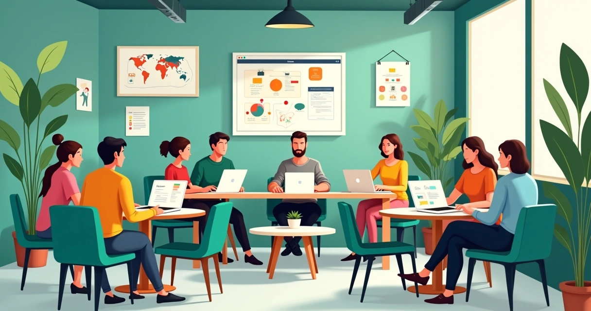 Reunião da Comunidade Notion Brasil em um café moderno, com pessoas trocando ideias e usando laptops.