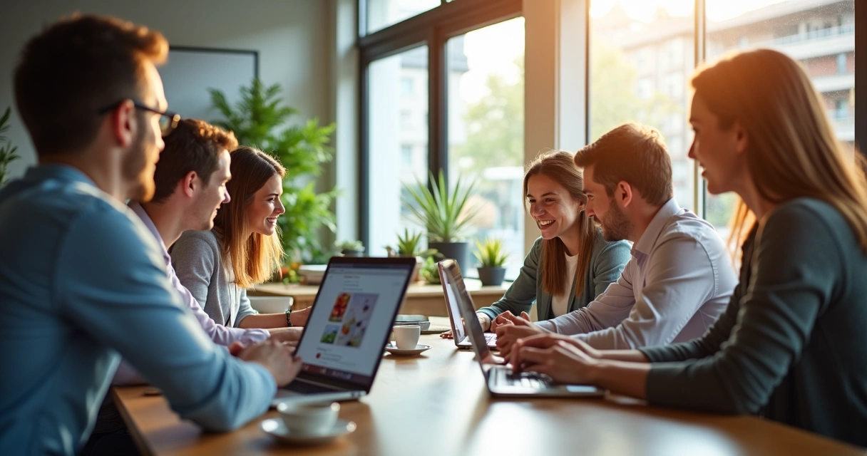 Grupo ativo discutindo nutrição em grupo digital com celulares e computadores 
