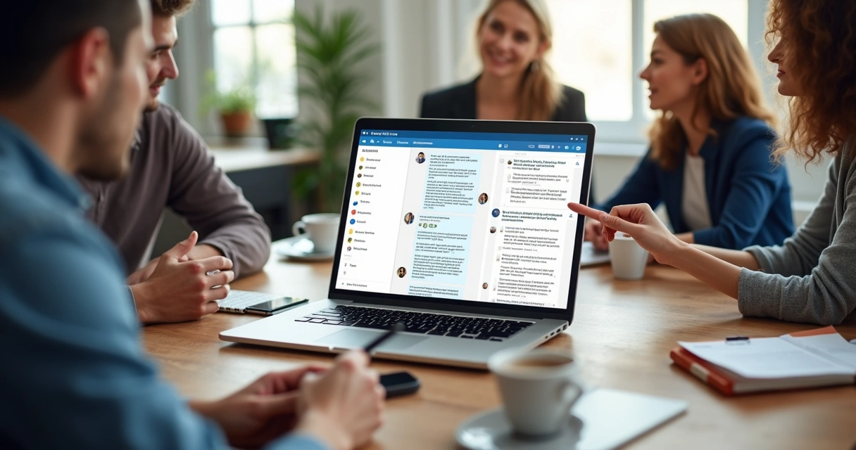 Mesa com laptop aberto mostrando fóruns e grupos de chat sobre leilão imobiliário, com pessoas discutindo em volta 