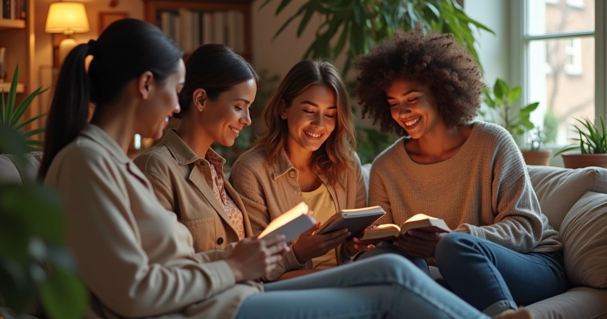 Mulheres reunidas conectadas em grupo online smartphones devocionais 