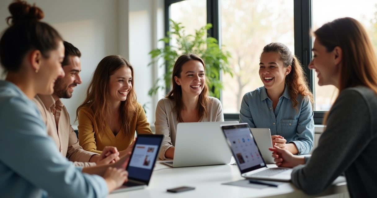 Grupo de jovens adultos interagindo em ambiente digital com tablet e notebooks, demonstrando harmonia