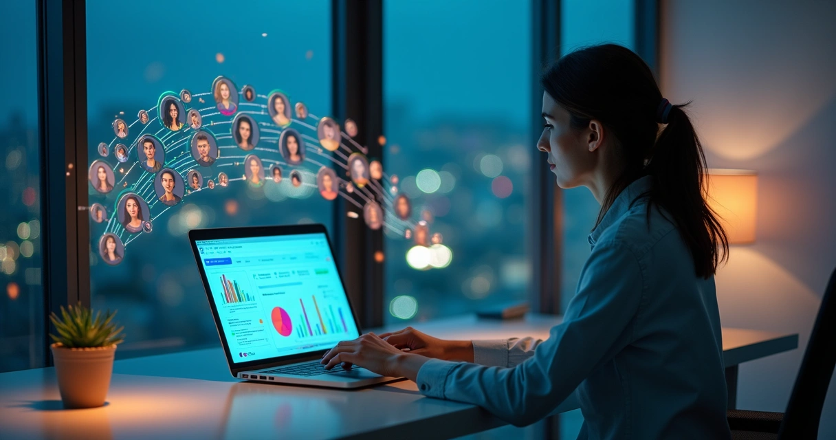 Empreendedora analisa notebook cercado por painel flutuante com avatares de comunidade online 