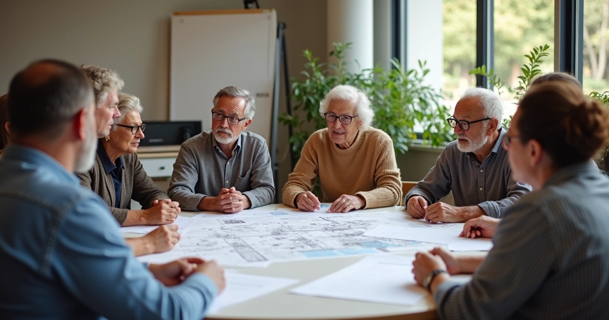 Moradores sentados em círculo em reunião em sala comunitária