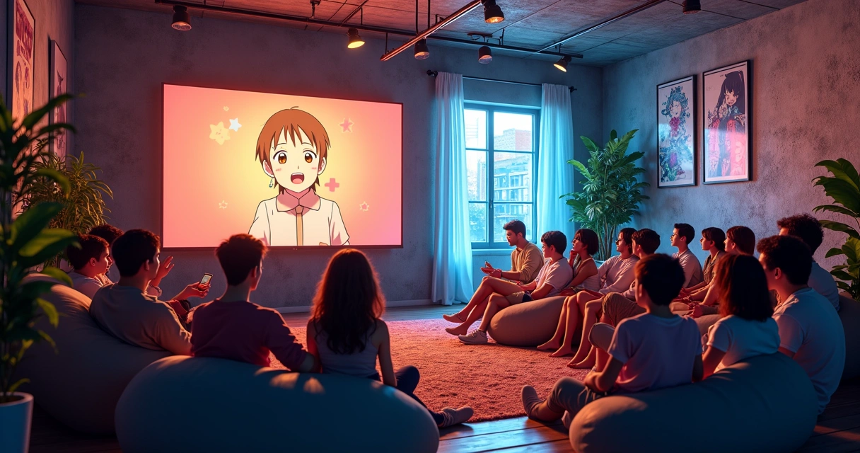Comunidade otaku assistindo anime legendado juntos em uma sala 