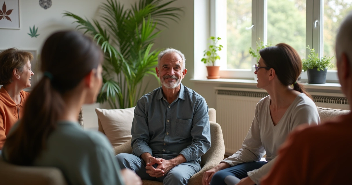 Pacientes sorrindo em roda conversando sobre tratamento com canabidiol 