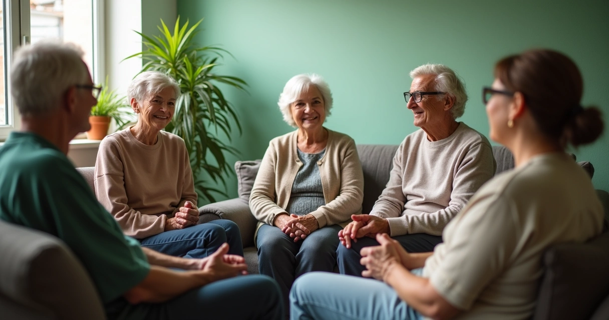 Pacientes sorrindo em círculo, em uma reunião de apoio 
