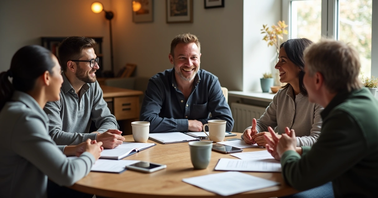 Grupo pequeno de pessoas reunidas em volta de uma mesa, conversando e sorrindo 