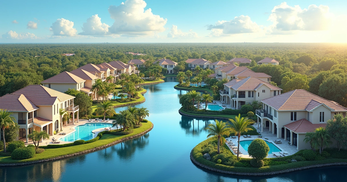 Vista aérea ilustrada de condomínio premium com casas de férias em Orlando 