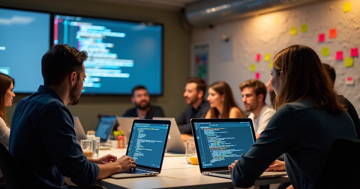 Desenvolvedores colaborando em ambiente de coworking
