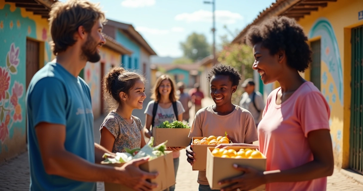 Pessoas de uma comunidade recebem apoio de projeto social