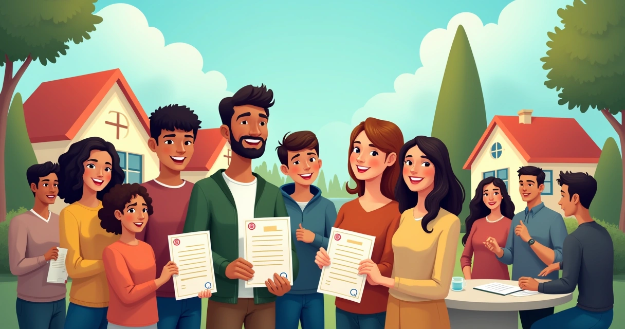 Comunidade unida celebrando a conquista de documentos de propriedade em um ambiente suburban.