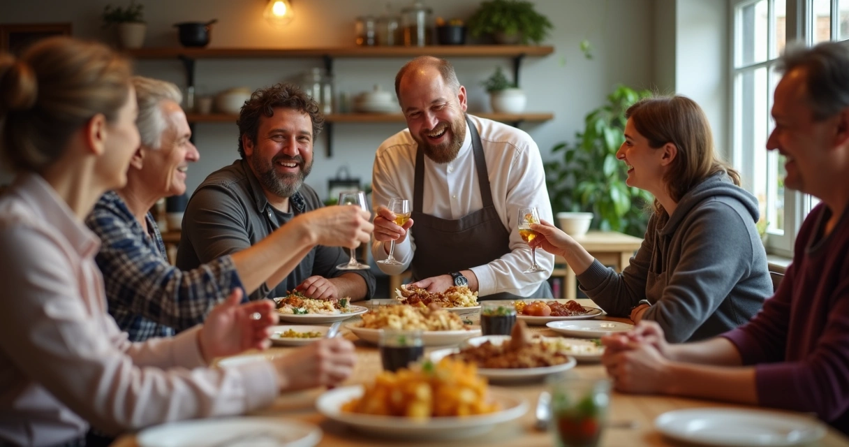 Equipe de restaurante reunida interagindo em ambiente descontraído 