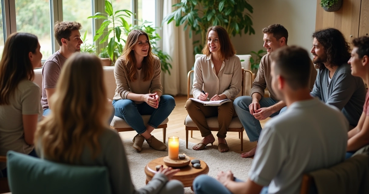 Grupo diverso de pessoas sentadas em círculo em um espaço comunitário acolhedor 