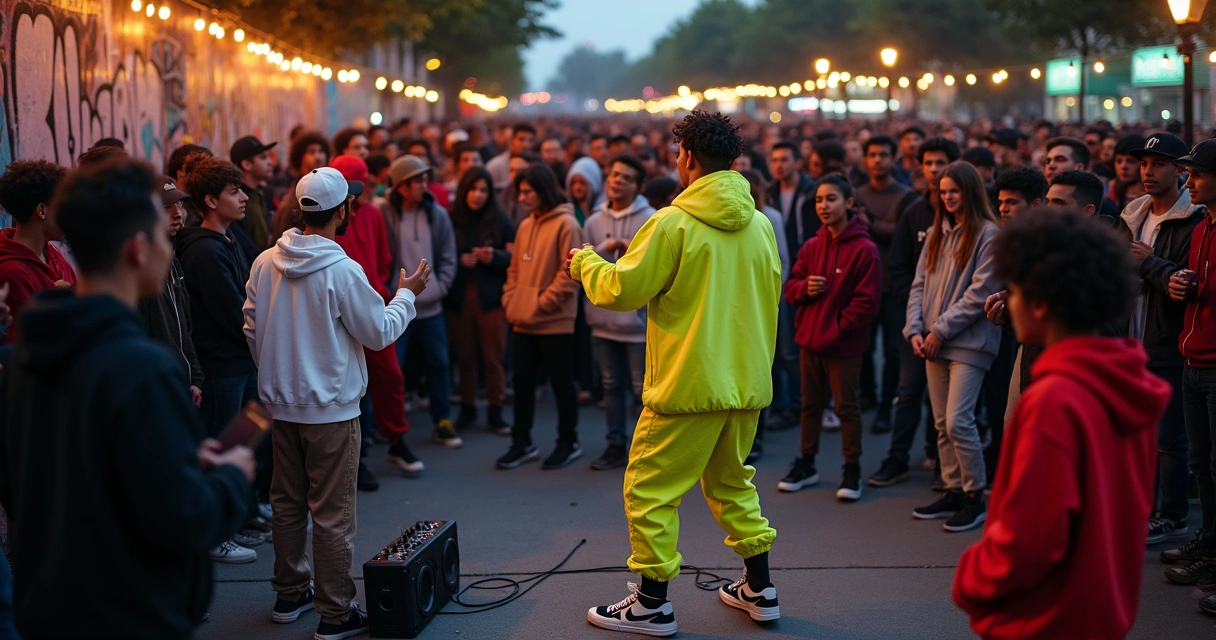 Comunidade jovem reunida para ouvir música e dançar, todos usando moda urbana 